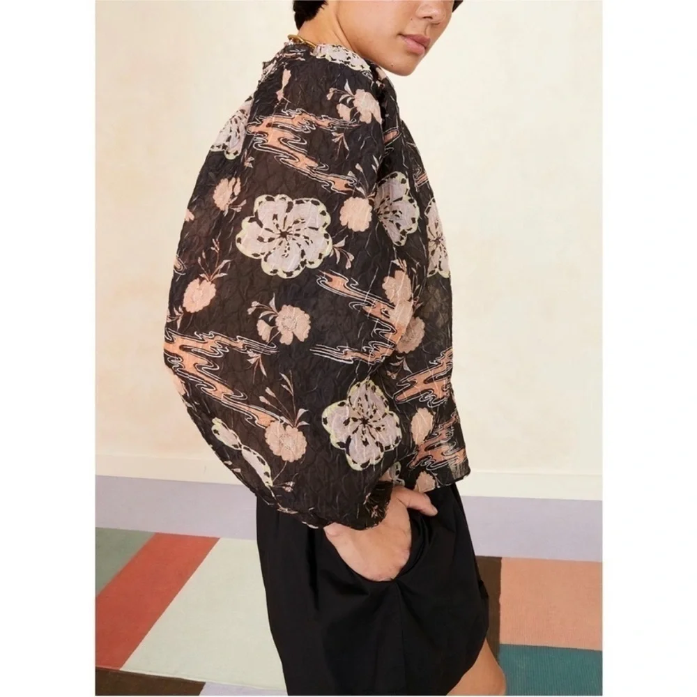 Ulla Johnson Eliza Blouse‎ Onyx Silk Blend Puff Sleeve Floral Top Size 4 Small